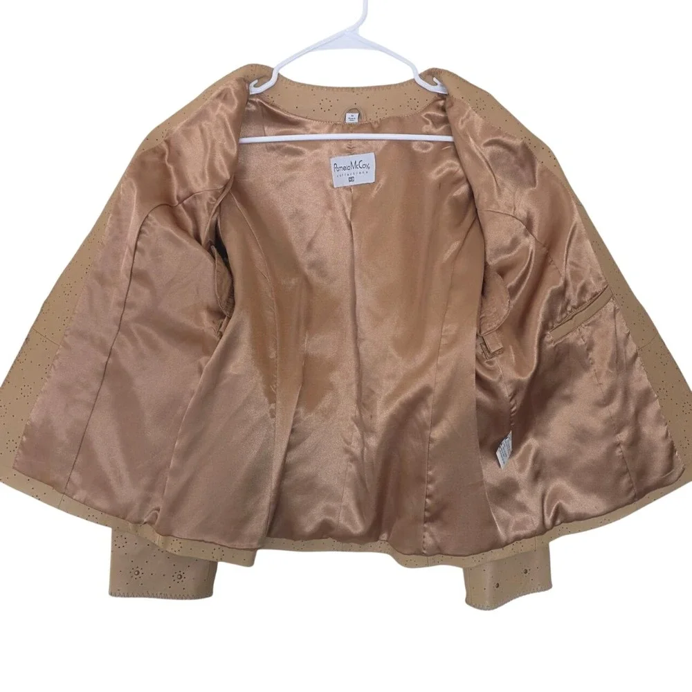 Pamela McCoy Tan Leather Jacket Perforated Studded Whipstitch Tan Medium PM-2016